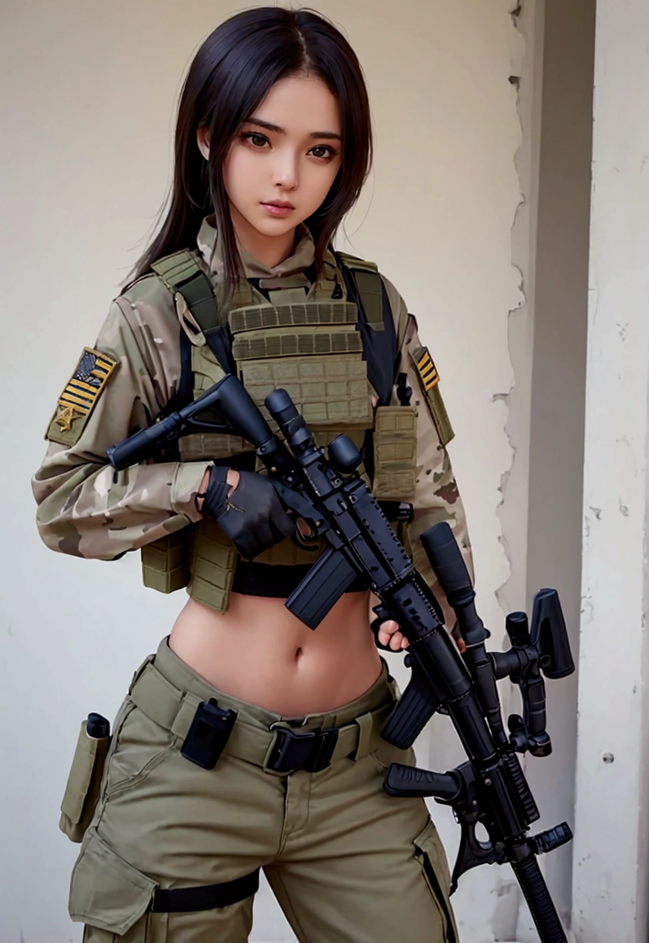 Women in crop top military bulletproof vest , military green cargo pants, belt, military helmet, tactical, (open navel), ((holding assault rifle))