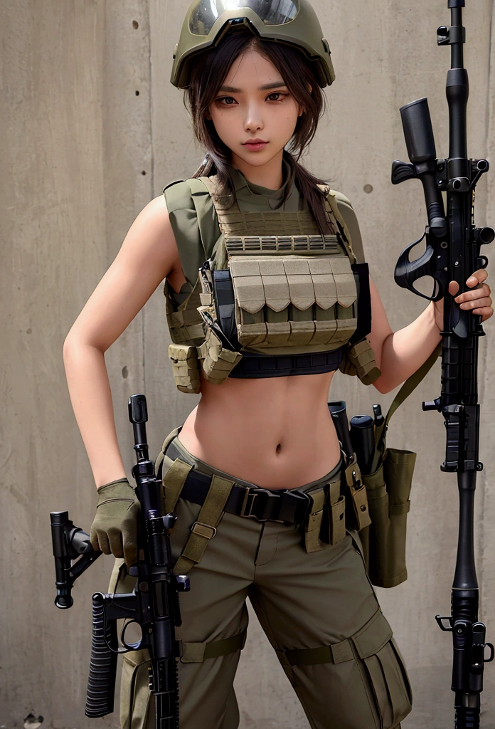 Women in crop top military bulletproof vest , military green cargo pants, belt, military helmet, tactical, (open navel), ((holding assault rifle))