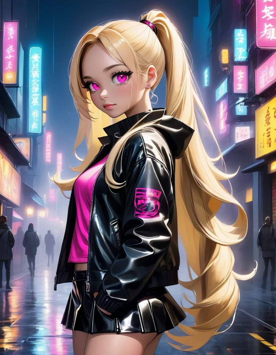 Create a detailed character with long blonde hair tied in a high ponytail, featuring pink streaks. She has bright pink eyes with long eyelashes. Her outfit includes a tight black leather jacket and matching pants. She wears open-toe high-heeled boots showing her toes. The character has light makeup, with a special focus on the eyes.
The background should be an urban night scene with city lights and a detailed, vibrant cityscape. Include neon signs and reflections on wet streets. The atmosphere is enhanced by a slight fog, creating a mysterious and atmospheric mood. Ensure there is high contrast between the character and the background, making the character stand out.
Ensure the character’s facial features, hair, and clothing are highly detailed, with sharp focus and definition. The background should have a medium focus, complementing the character without overpowering the scene.”
• Hair and face detail: 1.3
• Eye detail: 1.3
• Clothing detail: 1.2
• Open-toe boots detail: 1.1
• Urban night background: 1.0
• Neon lights and reflections: 1.1
• Mysterious atmosphere with fog: 1.0
• High contrast for character emphasis: 1.0)
,Hochauflösung, Meisterwerk, Beste Qualität, Mehrfach ausgezeichnet, HD-Modell, , Hohe Qualität, UHD, Strukturierte Haut, Super detailliert,