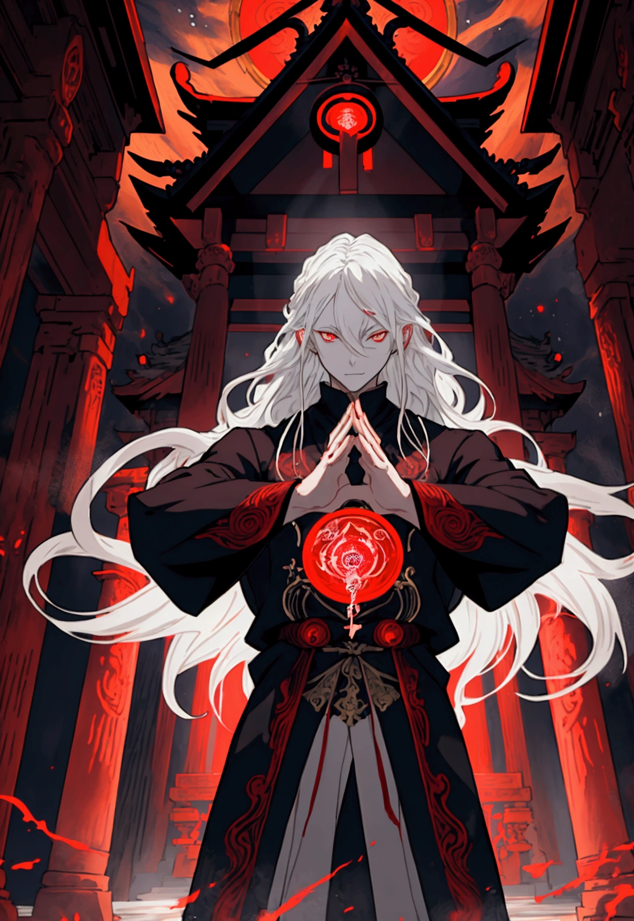 A man with long, white hair, pale skin and eyes as evil red as ruby, he is a medieval demon bard for an RPG, a bard in black medieval costumes, in a dark place, full of dark magic, occult A demonic bard;