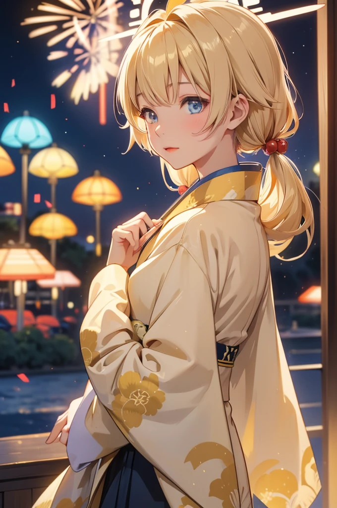 Takanashi hoshino kimono firework night beige colored hair, tailed haired, yellow-blue eyes colour