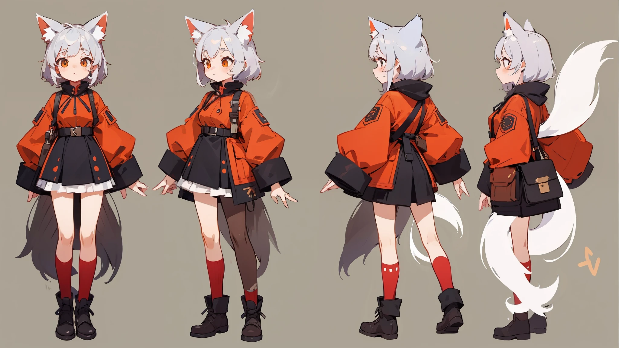 Character Sheet, A graceful wild fox girl with mostly silver hair, Food themed clothing, variation, Highest quality, pixel