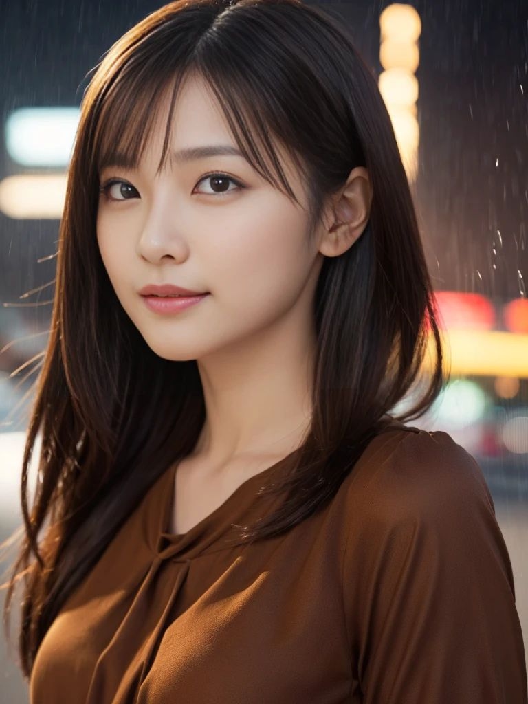 1 girl, (Wearing a brown blouse:1.2), Beautiful Japan actress,
(RAW photo, highest quality), (realistic, Photoreal:1.4), masterpiece, 
very delicate and beautiful, very detailed, 2k wallpaper, wonderful, 
finely, Very detailed CG Unity 8K wallpaper, Super detailed, High resolution, 
soft light, beautiful detailed girl, very detailed eye and face, beautifully detailed nose, beautiful and detailed eyes, cinematic lighting, 
break,
(Against the backdrop of a rainy night cityscape 1.3), city lights, 
perfect anatomy, slender body, smile, Face the front completely, look at the camera, ((Random body direction)),