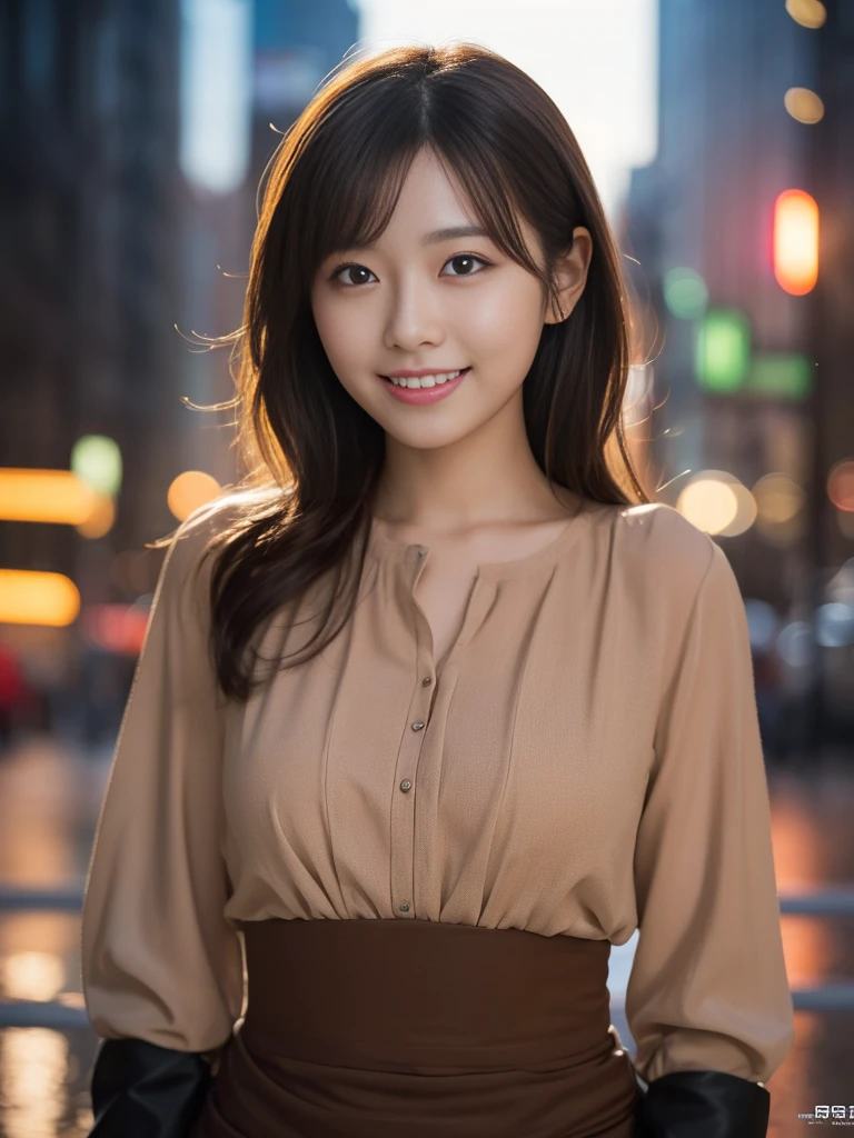 1 girl, (Wearing a brown blouse:1.2), Beautiful Japan actress,
(RAW photo, highest quality), (realistic, Photoreal:1.4), masterpiece, 
very delicate and beautiful, very detailed, 2k wallpaper, wonderful, 
finely, Very detailed CG Unity 8K wallpaper, Super detailed, High resolution, 
soft light, beautiful detailed girl, very detailed eye and face, beautifully detailed nose, beautiful and detailed eyes, cinematic lighting, 
break,
(Against the backdrop of a rainy night cityscape 1.3), city lights, 
perfect anatomy, slender body, smile, Face the front completely, look at the camera, ((Random body direction)),