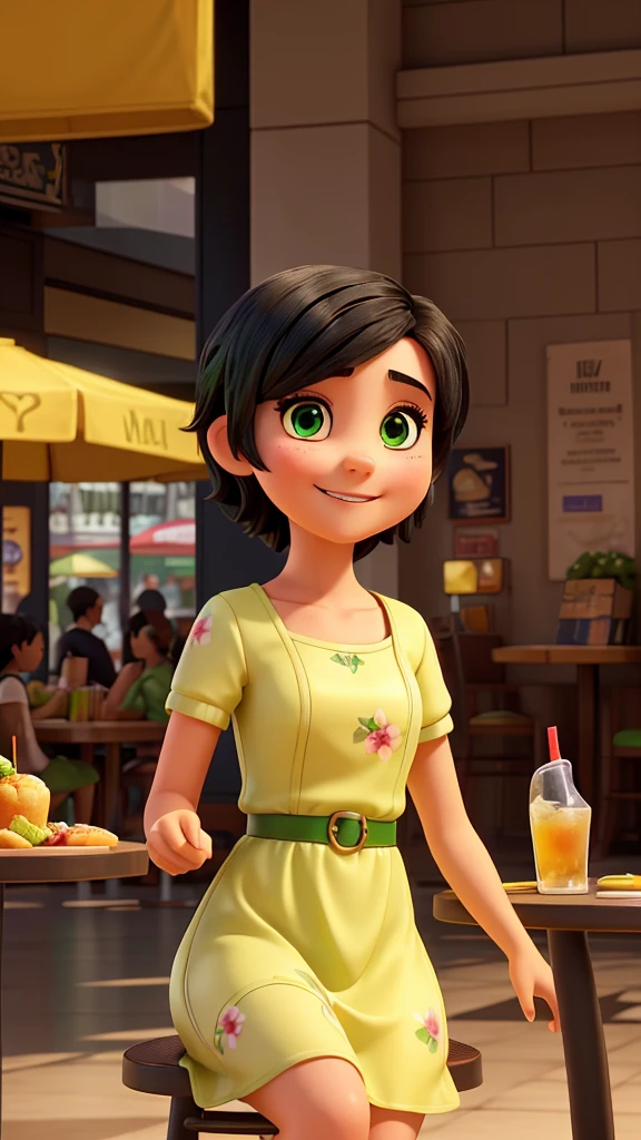 a young woman with short black hair. green eyes. She is at the mall. in the food court and sitting at the table. She is smiling and happy. She has a glass of soda in her hands. She is wearing a short, flowery yellow dress. closeup.