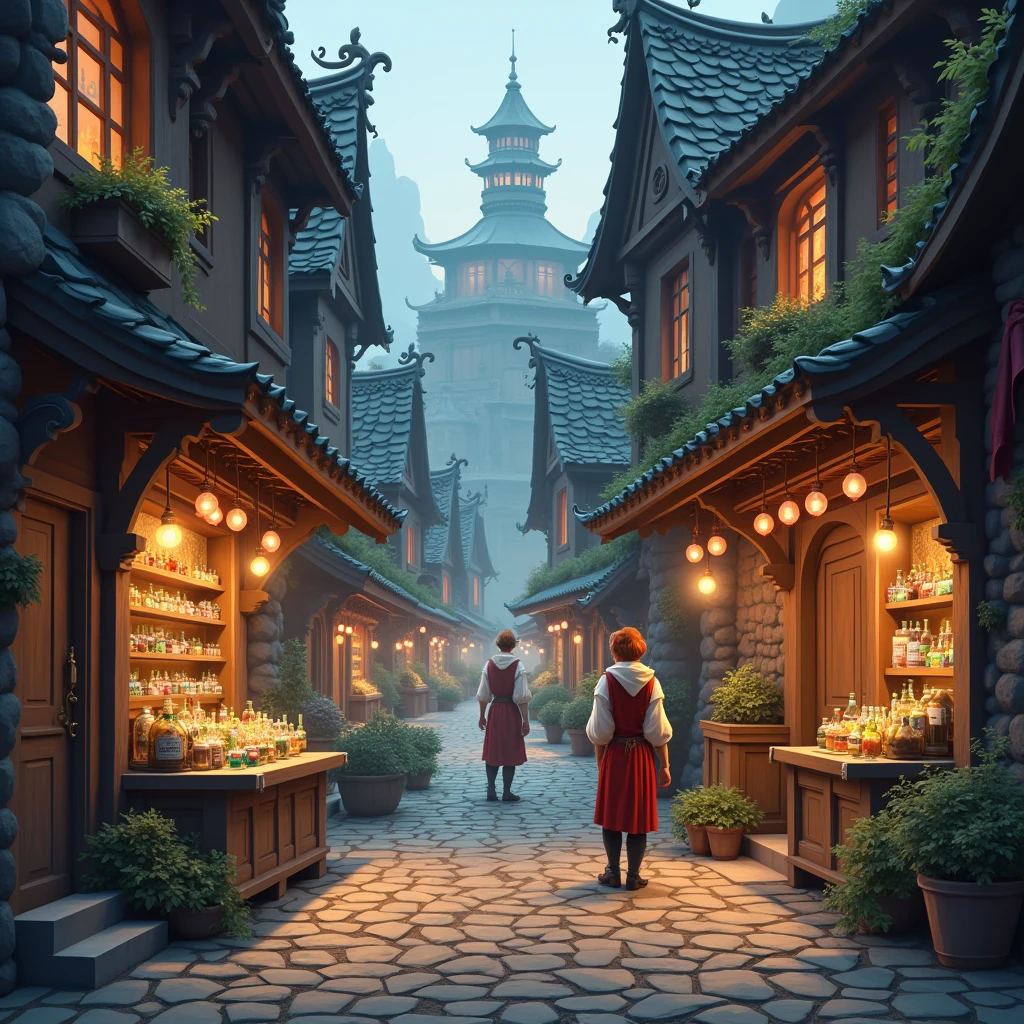 Medieval fantasy street with magic and magical potion shops. Every shop has an ornate merchant, one is pot-bellied, the other is skinny. 2.5D art