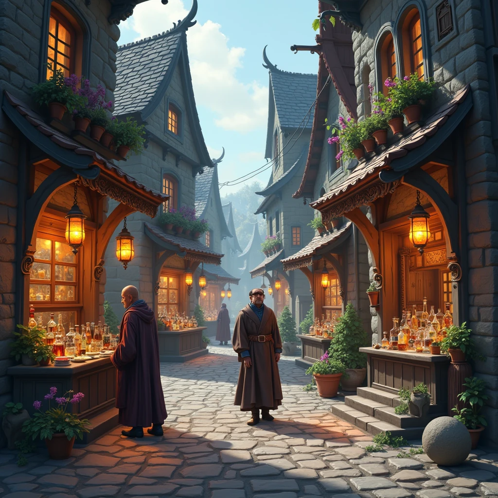 Medieval fantasy street with magic and magical potion shops. Every shop has an ornate merchant, one is pot-bellied, the other is skinny. 2.5D art