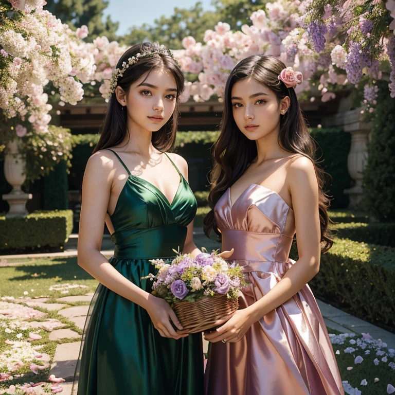 (masterpiece, best quality:1.5), highest quality, High resolution, super detailed, Realists, Upper body photo of an 18 year old black haired flower girl, detailed and beautiful eyes, beautiful detailed lips, very detailed eyes and face, longeyelashes, 18-year-old woman in a green and purple short dress made of shiny satin fabric, Beautiful and colorful makeup, elegant and noble々Pose,shiny satin headband, grind, Holding flowers, Gardens as background, soft daylight, bright colors, fine brushstrokes, Portrait style, Noble details in the dress fabric, beautiful color palette, glowing skin, First-class rendering, that captures every detail, enchanting atmosphere, subtle shadows and lights, (perfect anatomy:1.2), (The two stunning 18-year-old flower girls carry baskets of rose petals (magnificent panorama view:1.2)