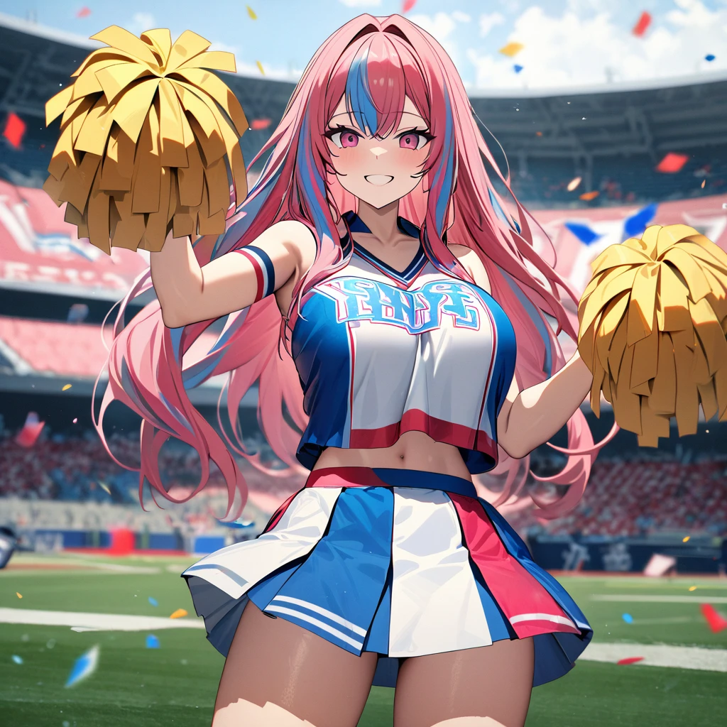 A woman wearing a pink cheerleader outfit with blue details, hot pink hair, gray bangs, multicolored hair, pink eyes, smiling, big breasts, long hair, cheerleader skirt, rain of white and blue confetti, on an American football field., Azur_lane, USS_Bremerton, perfect face, perfect eyes.,UHD , prime work , accurate , anatomically correct , textured skin , super details , high quality , best quality, 8k, high resolution, bokeh effect. (woman alone)
