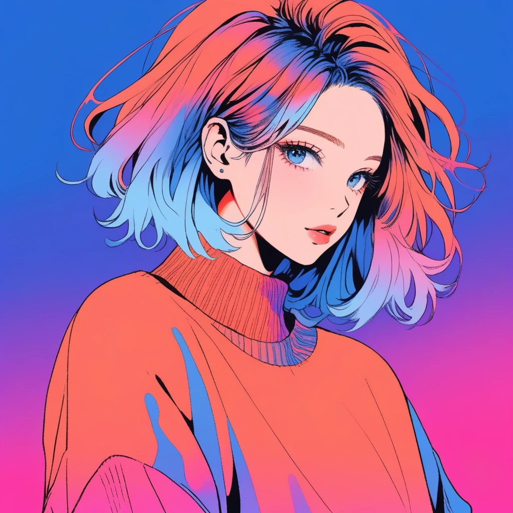 Illustrator, Anime , Realistic ,sketch , 1girl in, ,lip, Sweaters,order, Blue gradient background, Neon Hair,textured crop, Canadian, (masutepiece,Best Quality)