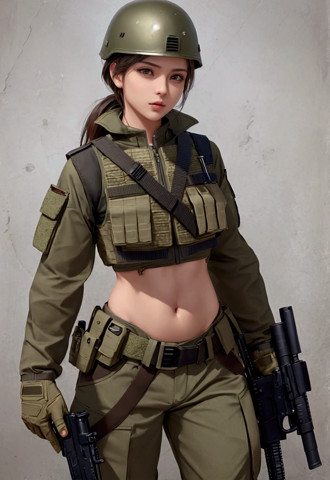 girl in crop top military bulletproof vest , military green cargo pants, belt, military helmet, tactical, (open navel), see through clothes close belly