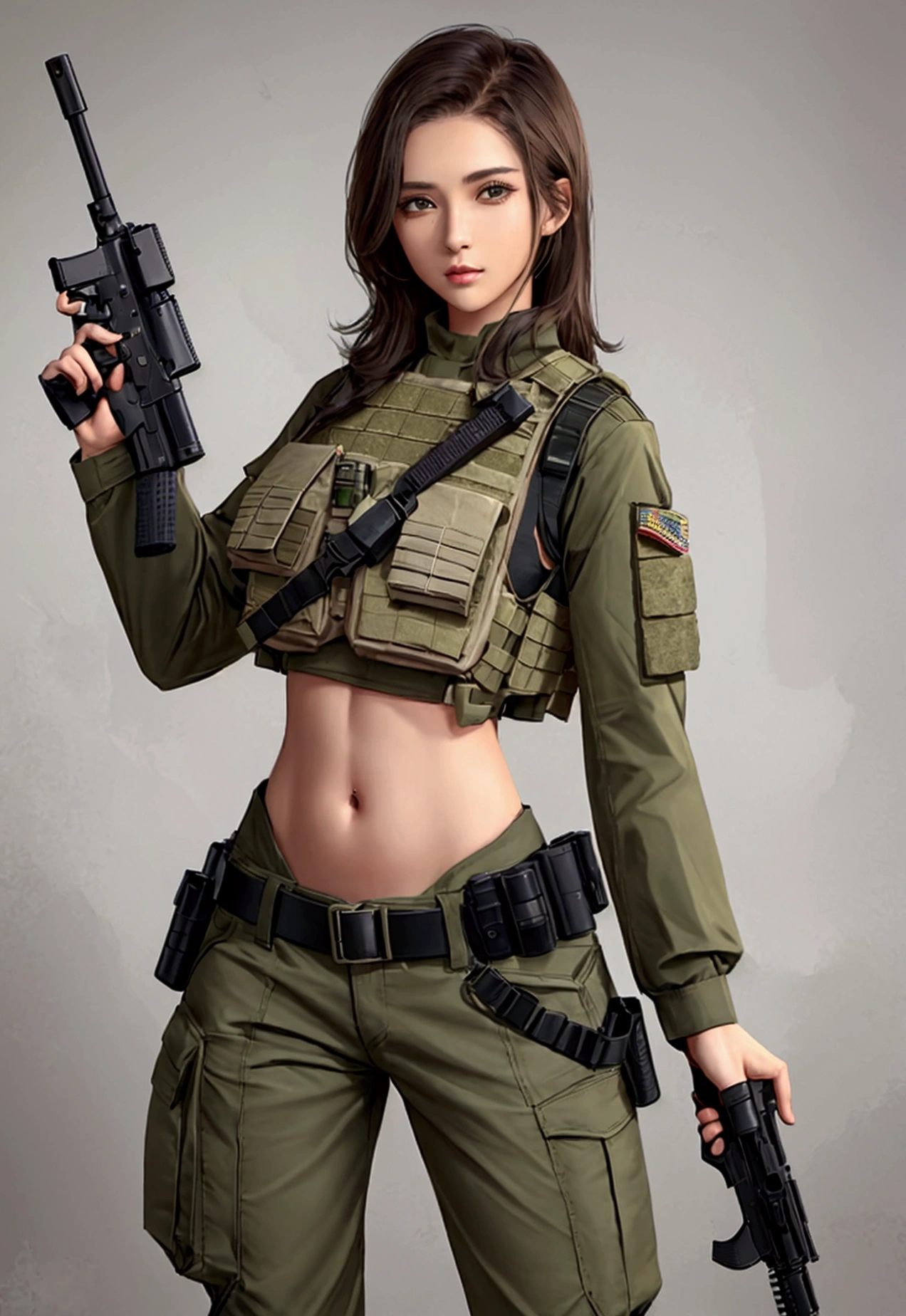 Women in crop top military bulletproof vest , military green cargo pants, belt, military helmet, tactical, (open navel), ((holding pistol))