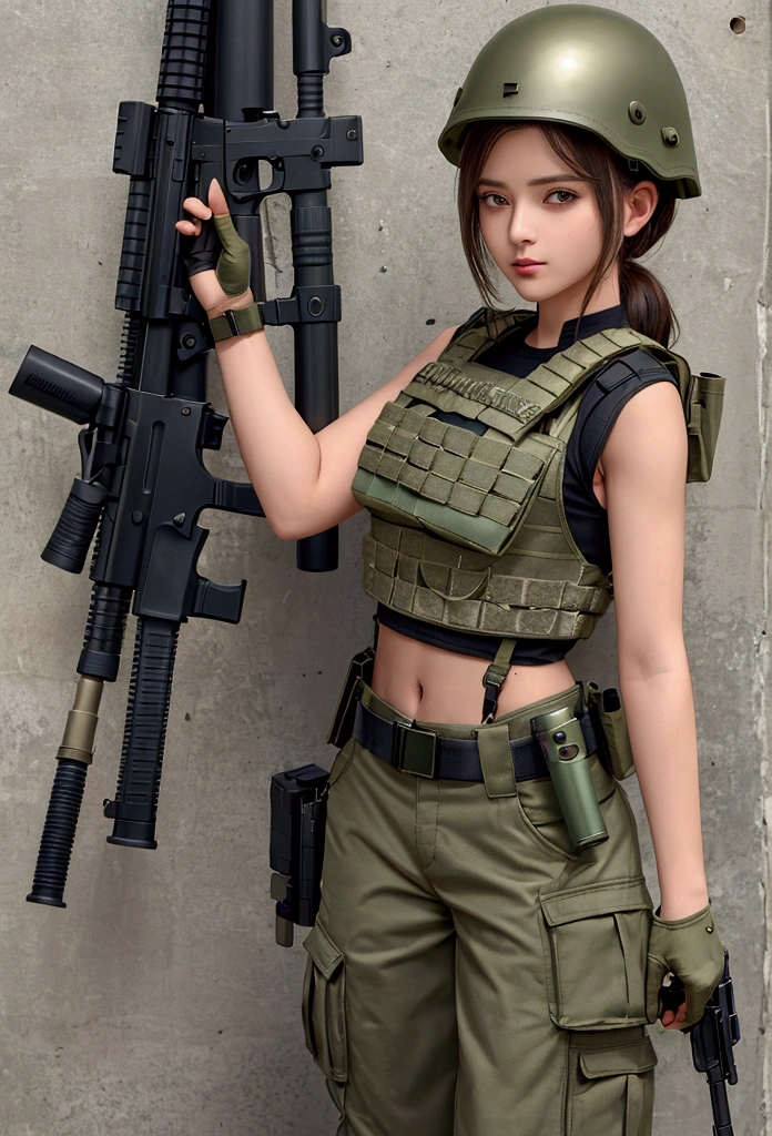 Women in crop top military bulletproof vest , military green cargo pants, belt, military helmet, tactical, (open navel), ((holding pistol))