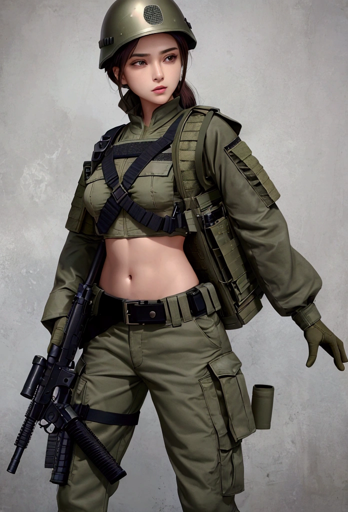 Women in crop top military bulletproof vest , military green cargo pants, belt, military helmet, tactical, (open navel), ((holding pistol))