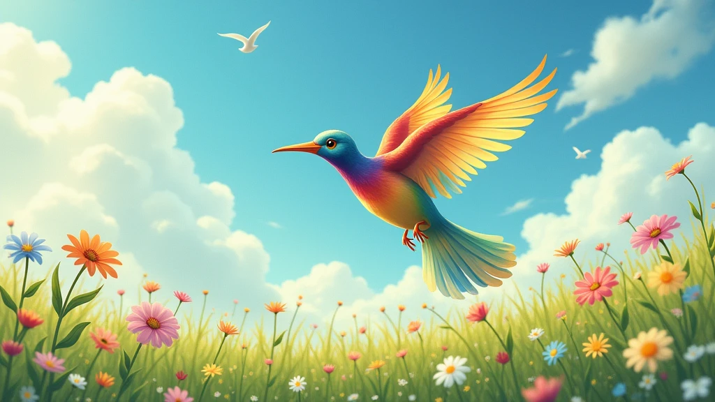 The gentle and beautiful rainbow bird returns to nature，With the wind、​​clouds、florals、The grass blends into one，Become part of an endless cycle in nature。