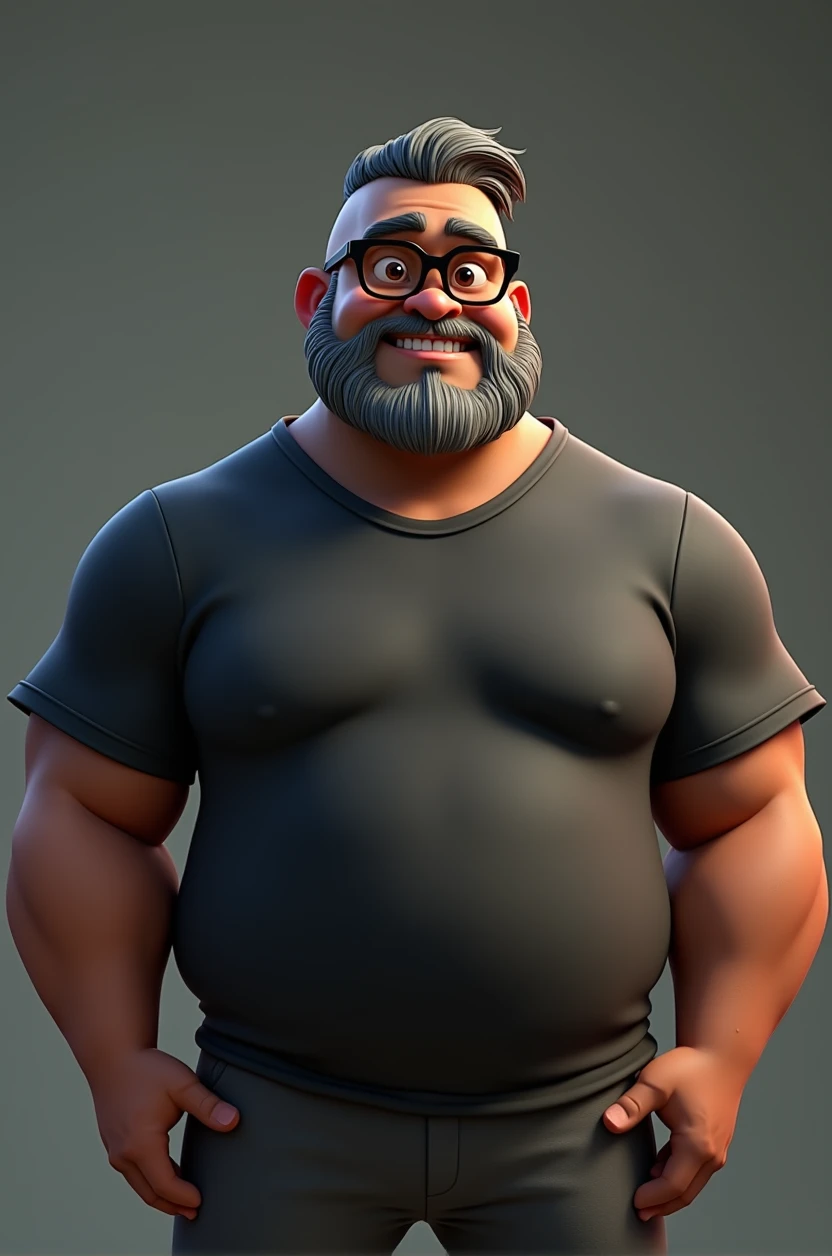 Cartoon character of a middle-aged black man with short hair pinned behind, wearing black glasses. Stylized character, animation style rendering, 3D stylized, Arnold Maya render, 3D stylized render, toon render Keyshot, 3D character, 3D stylized rendering, cartoon character, character close-up, character pose, Pixar style, high quality, cinematic lighting, sharp focus, detailed texture, detailed skin, clay, bokeh, 8K. The man should have the following characteristics: Middle-aged man with a strong, slightly overweight build, hands casually relaxed. His skin tone is dark brown with a warm undertone. He has two prominent vertical wrinkles between his eyebrows. His beard has white hairs on the chin while the rest of the beard is black and gray. His hair is shaved on the sides and short on top, styled to the side. He wears modern black glasses. His eyebrows are thick and well-defined, and his eyes are brown, conveying warmth and friendliness. The man is dressed in an oversized black t-shirt and dark gray pants without a belt. Incorporate the following ancestry characteristics: 43% European (17% Iberian and 17% Western European, including Germany, France, and the Netherlands), 4% Sephardic Jewish, 3% Fennoscandian, less than 2% Balkan and Lapland and Volga-Ural, 41% from the Americas, 9% from the Middle East and Maghreb, and 7% from Africa.