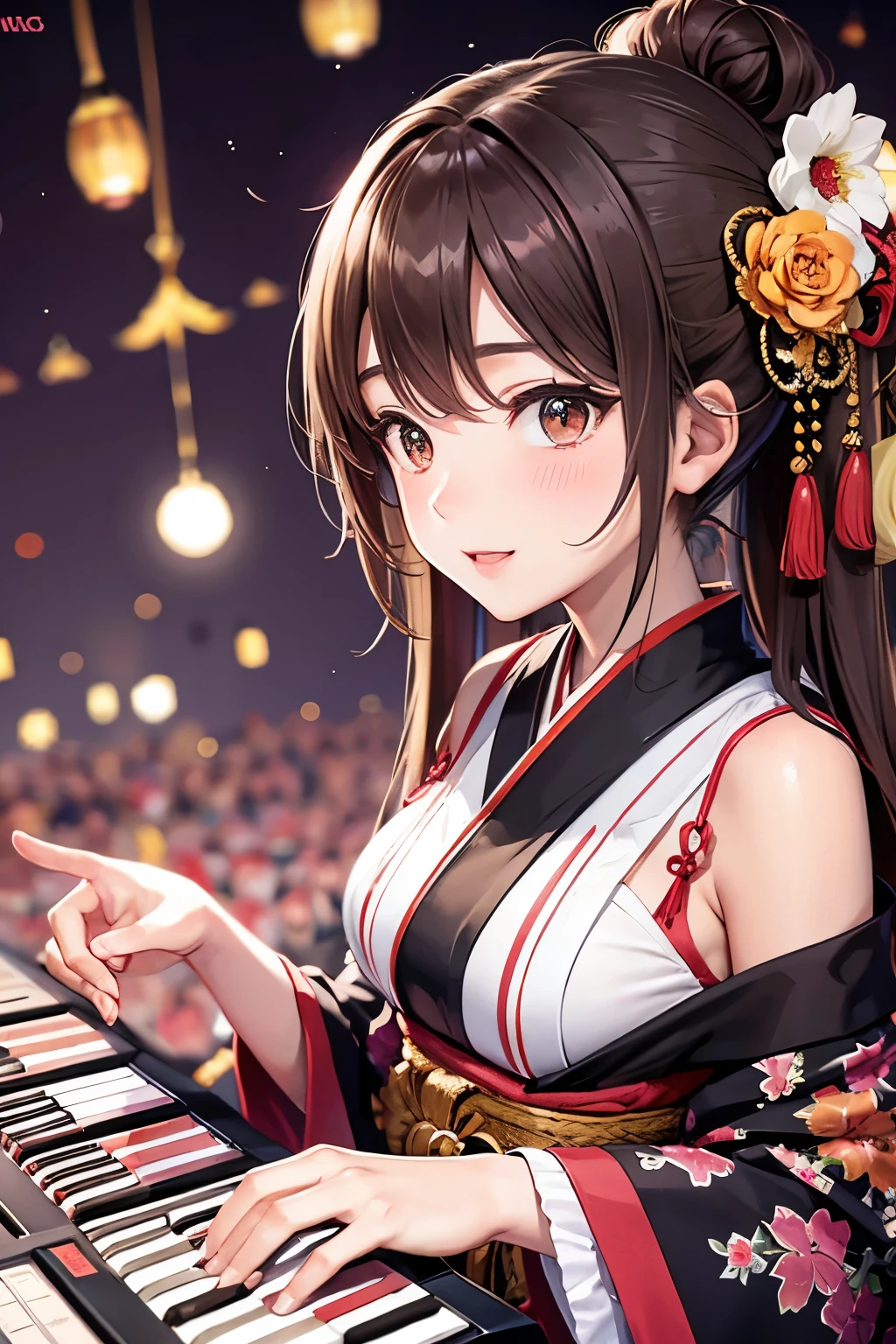 Top quality, ample limbs, perfect fingers, slender beauty, twin-tailed bun hairstyle, brown hair, Deresute, A costume of Floral haori and minihakama with a flashy pattern,Band instrumentskeyboard, beautiful large breasts, live stage, Playing Band InstrumentsKeyboard