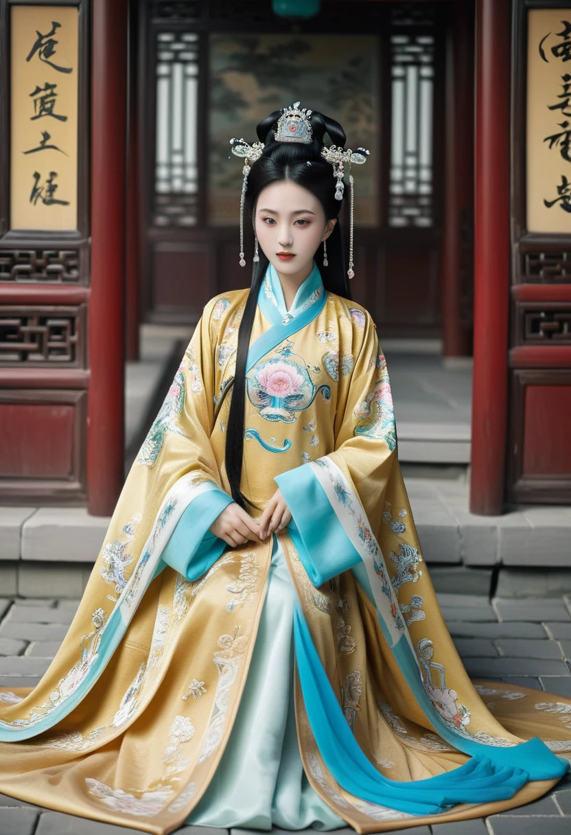 Cobblestones outside a Chinese palace during the Qing Dynasty、Text M(Porn Pose) Tie your hair on both sides、Beautiful Chinese empress wearing a crown、Background of kinky and erotic woman tying her hair、The story is set in the opulent rooms of the empress's palace in China during the Qing Dynasty.。.。