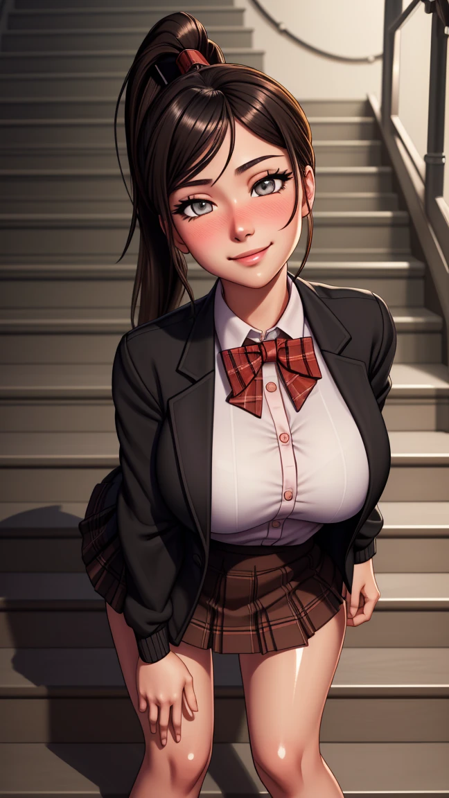 ((mesa, Best Quality, High resolution, NffSW, pixel perfect, 4k, NffSW, NffSW))), 1 girl in, single, Alone, beauty、full body seen、 ((Long shiny straight hair, hits, shiny black hair, con ponytail, hair tubes)), ((Light brown eyes, Beautiful eyelashes, realistic eyes)), ((detailed face, blush:1.2)), ((Smooth texture:0.75, realistic texture:0.65, photorealistic:1.1, cg anime style)), big breasts, dynamic angle, perfect body, ((red bow tie, School uniform, black jacket, open jacket, brown cardigan, White shirt, black skirt, plaid skirts)), city staircase、Looking up from the bottom of the stairs.、Very embarrassing panic smile., turned around、bending forward、Touch the buttocks with both hands、round butt tits, perfect curves.