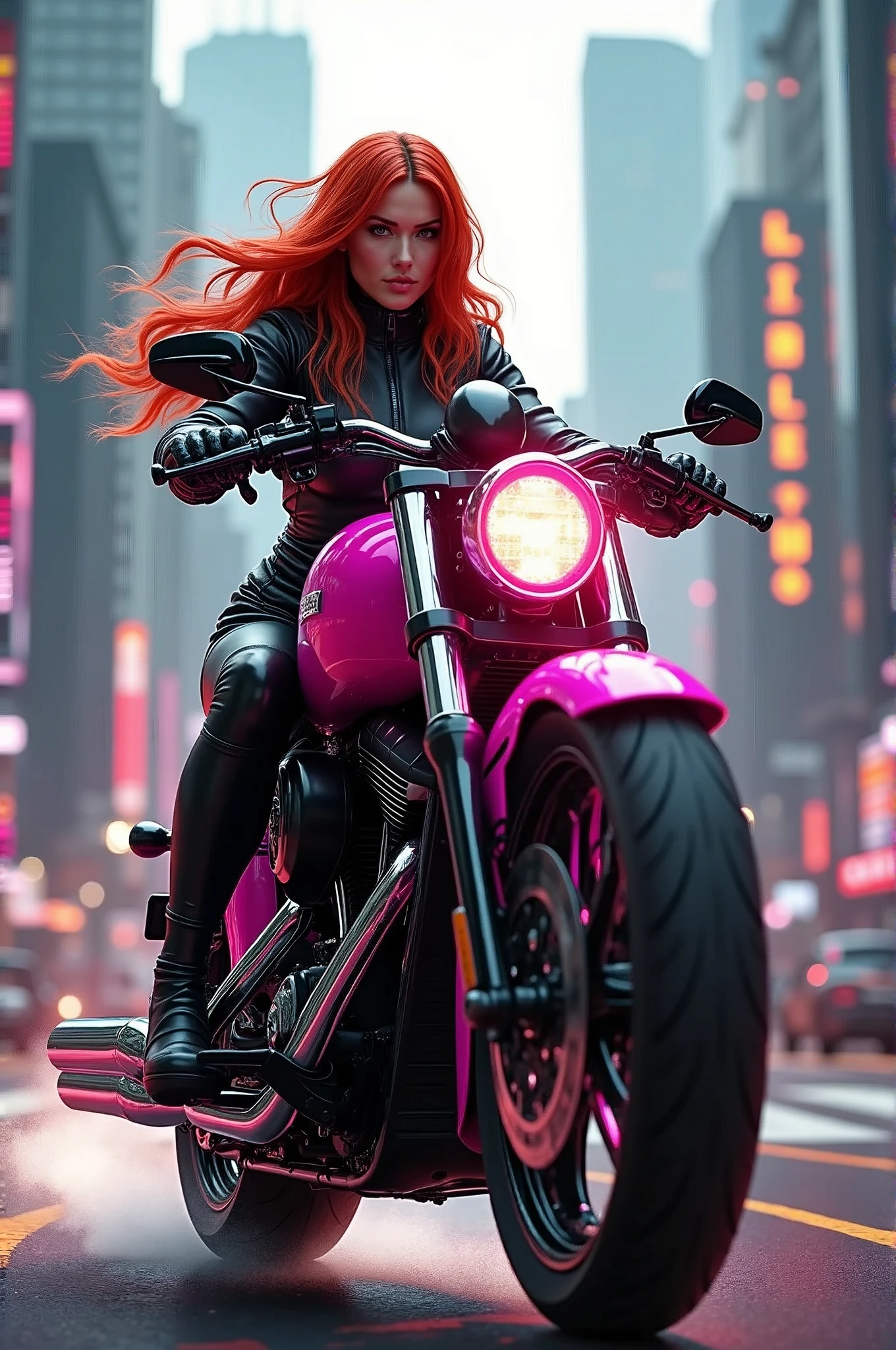 A realistic, modern scene of a female rider with flowing red hair in a black leather suit, riding a pink Harley
