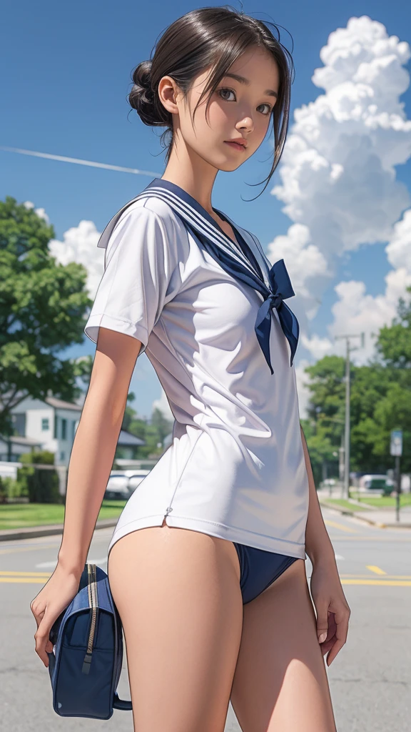 Girl Standing In Schoolyard, Cumulonimbus clouds floating in the summer sky, (Navy school swimsuit:1.1), (wearing a white sailor shirt), school bag, , (Very slim:1.4), (Very small ass:1.4), Thin thighs, knees, Brown eyes, Short hair tied low