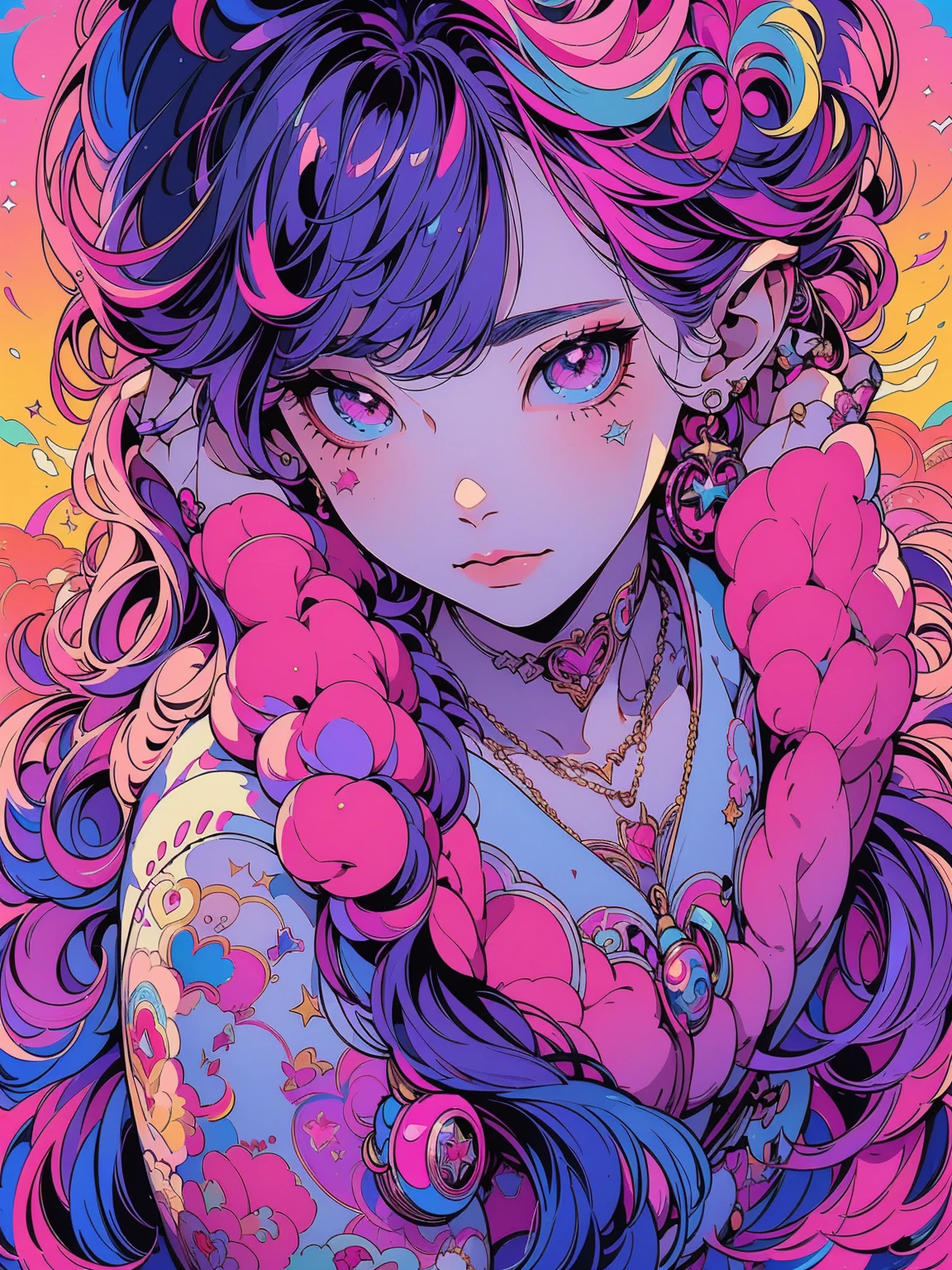 Close-up of a woman with colorful hair and necklace, anime girl with cosmic hair, Rossdraws' soft vitality, Gouvez style artwork, fantasy art style, colorful], vibrant fantasy style, Rossdraws cartoon full of vitality, cosmic and colorful, Guweiz, colorful digital fantasy art, stunning art style, beautiful anime style, white skin, subtle