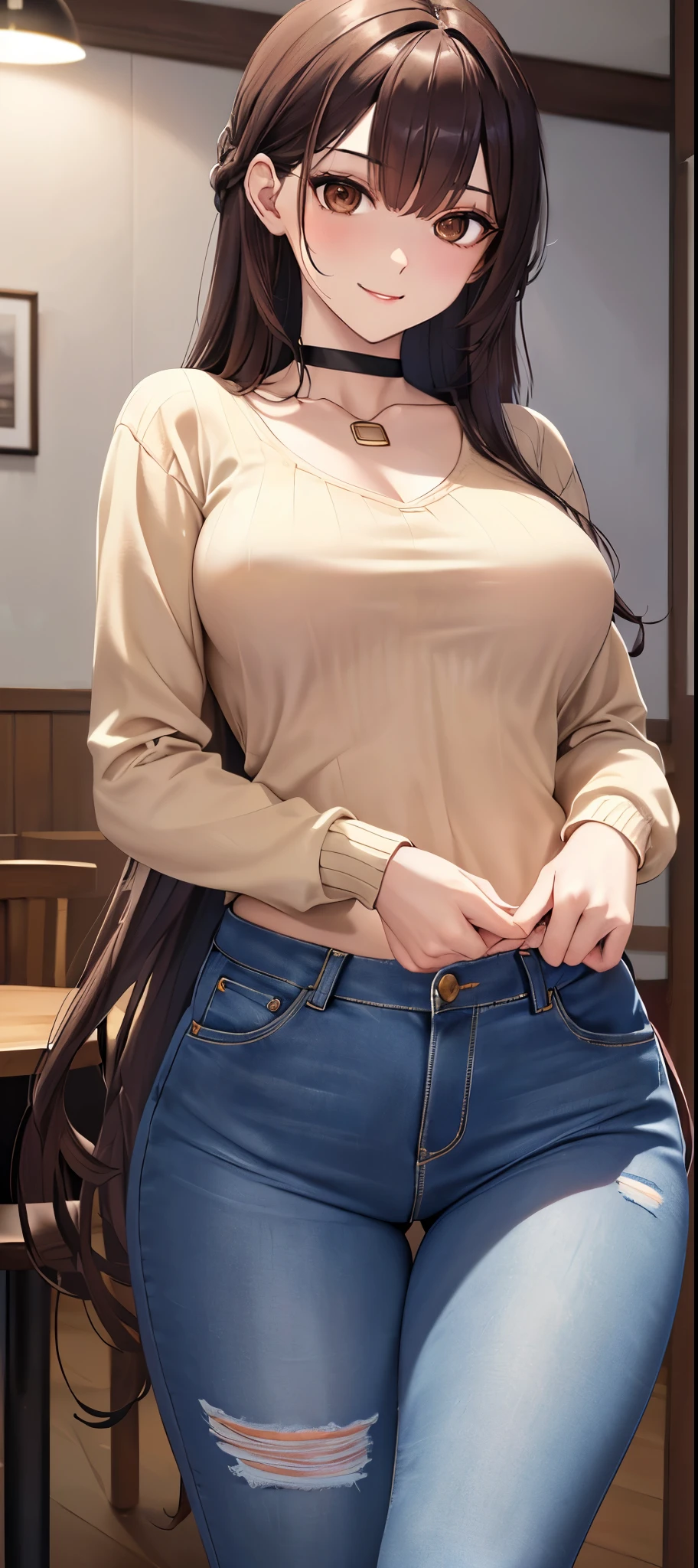 marciana, golden brown eyes, very long hair, casual kint sweater, soft pink color sweater top, long sleeves, v neck, fabric choker, jeans , torn jeans, tight jeans, E cup breasts, bewitched thighs, slender waist, plumb butt
BREAK daylight ,alone, cafe
BREAK looking at viewer, standing, alluring pose
BREAK (masterpiece:1.2), best quality, high resolution, unity 8k wallpaper, (illustration:0.8), (beautiful detailed eyes:1.6), extremely detailed face, perfect lighting, extremely detailed CG, (perfect hands, perfect anatomy),