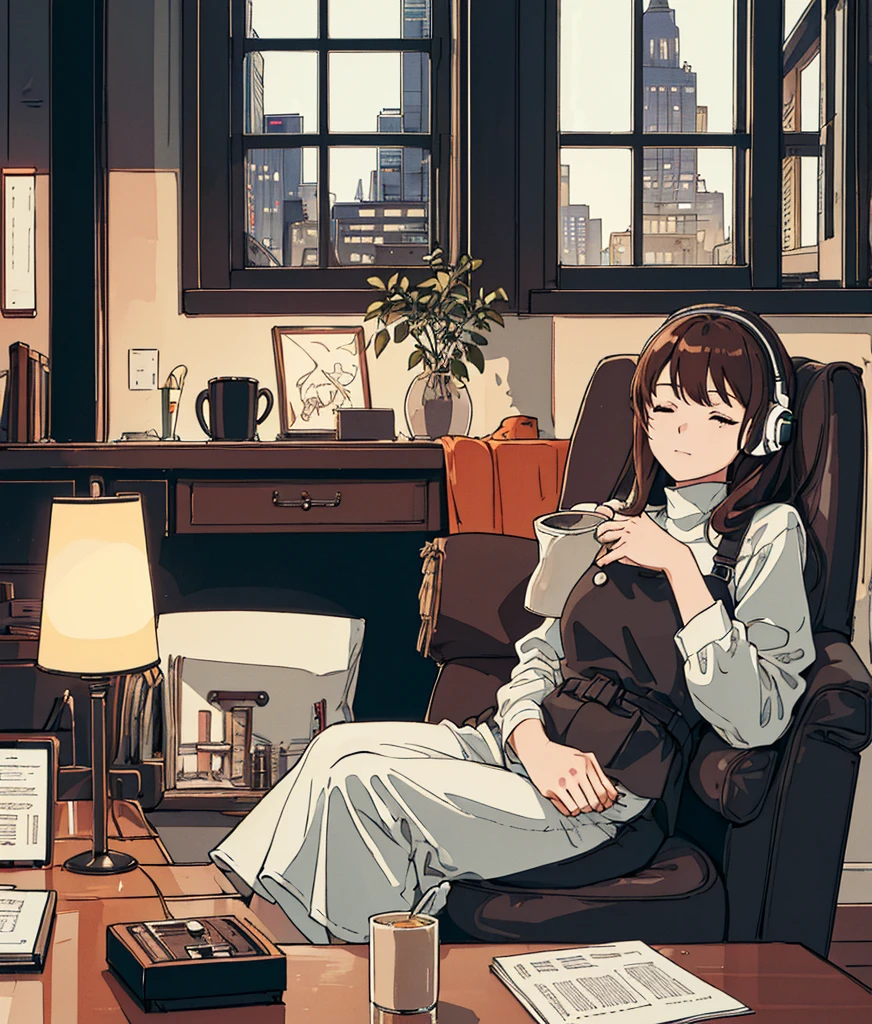 A young woman is sitting comfortably in a modern, cozy room with a cityscape visible through a large window at night. The main object of focus is the woman, who appears to be in her late teens or early twenties. She has long, wavy brown hair and is wearing a pair of large over-ear headphones. Her eyes are closed, and she has a serene, relaxed expression on her face as she listens to music. The woman is seated in a plush armchair, which is positioned to the right of a wooden desk. On the desk, there is a modern desktop computer, a ceramic coffee mug, and a small potted plant. A desk lamp with a warm, yellow glow is placed on the left side of the desk, casting a soft light over the scene. The light from the lamp is the primary light source, illuminating the woman and creating gentle shadows around her. In the background, the large window offers a stunning view of the city at night, with numerous skyscrapers and their illuminated windows creating a vibrant, urban atmosphere. The room itself is painted in neutral tones, with the walls adorned with minimalistic decor. The overall color scheme of the image features warm tones from the lamp and the cooler tones of the night cityscape, creating a balanced and visually appealing contrast. The perspective of the image is from a slight angle, allowing for a clear view of the woman, the desk, and the background cityscape. The size of the image is rectangular, with a wide aspect ratio that captures the breadth of the scene. The theme of the image is calm and relaxation, with an emphasis on the soothing environment and the woman's peaceful state.
