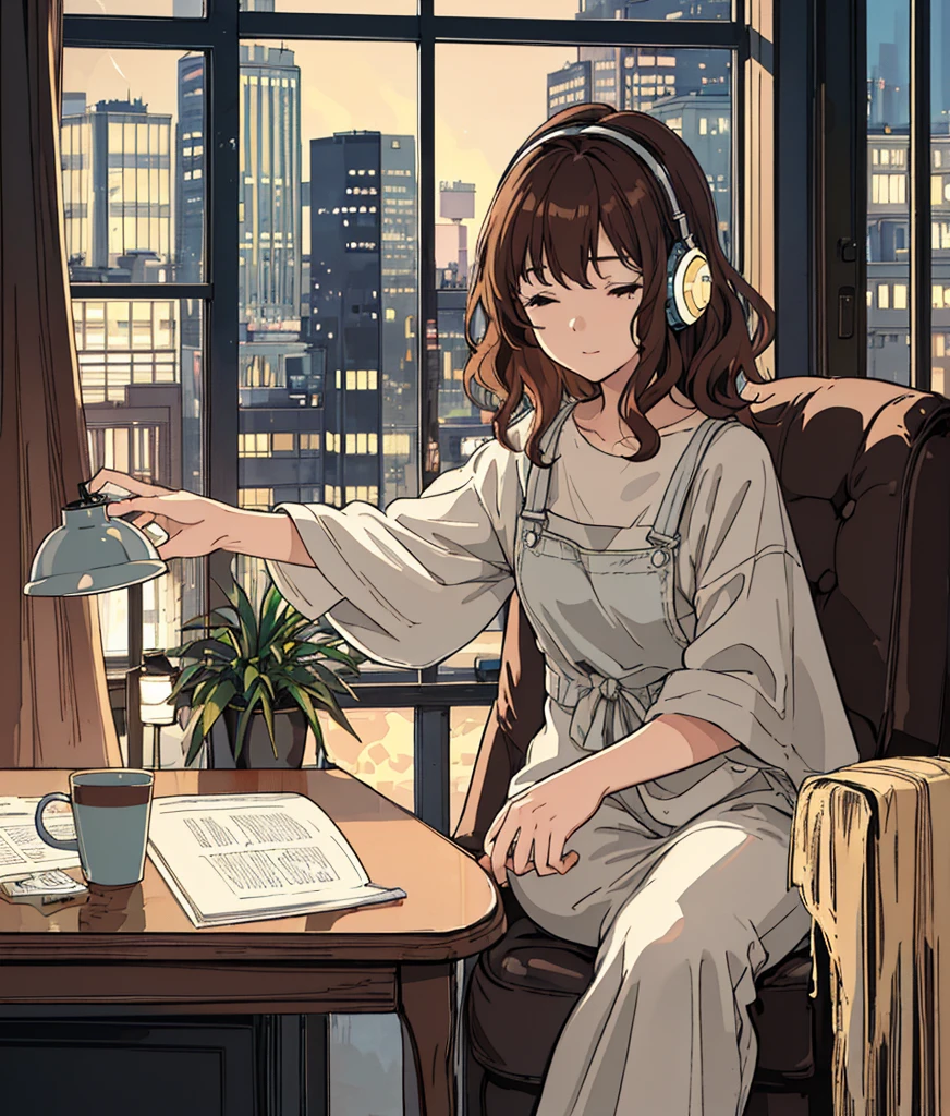 A young woman is sitting comfortably in a modern, cozy room with a cityscape visible through a large window at night. The main object of focus is the woman, who appears to be in her late teens or early twenties. She has long, wavy brown hair and is wearing a pair of large over-ear headphones. Her eyes are closed, and she has a serene, relaxed expression on her face as she listens to music. The woman is seated in a plush armchair, which is positioned to the right of a wooden desk. On the desk, there is a modern desktop computer, a ceramic coffee mug, and a small potted plant. A desk lamp with a warm, yellow glow is placed on the left side of the desk, casting a soft light over the scene. The light from the lamp is the primary light source, illuminating the woman and creating gentle shadows around her. In the background, the large window offers a stunning view of the city at night, with numerous skyscrapers and their illuminated windows creating a vibrant, urban atmosphere. The room itself is painted in neutral tones, with the walls adorned with minimalistic decor. The overall color scheme of the image features warm tones from the lamp and the cooler tones of the night cityscape, creating a balanced and visually appealing contrast. The perspective of the image is from a slight angle, allowing for a clear view of the woman, the desk, and the background cityscape. The size of the image is rectangular, with a wide aspect ratio that captures the breadth of the scene. The theme of the image is calm and relaxation, with an emphasis on the soothing environment and the woman's peaceful state.