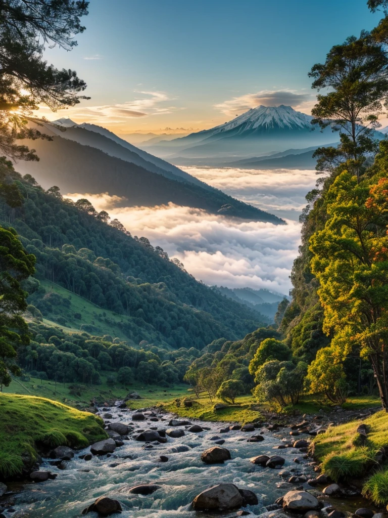1 beautiful detailed mountain landscape in indonesia, lush green forest, flowing river, snow-capped peaks, golden hour lighting, dramatic clouds, (best quality,4k,8k,highres,masterpiece:1.2),ultra-detailed,(realistic,photorealistic,photo-realistic:1.37),vibrant colors, cinematic composition, intricate foliage, picturesque scenery, stunning vista, awe-inspiring scale, ethereal atmosphere, idyllic setting