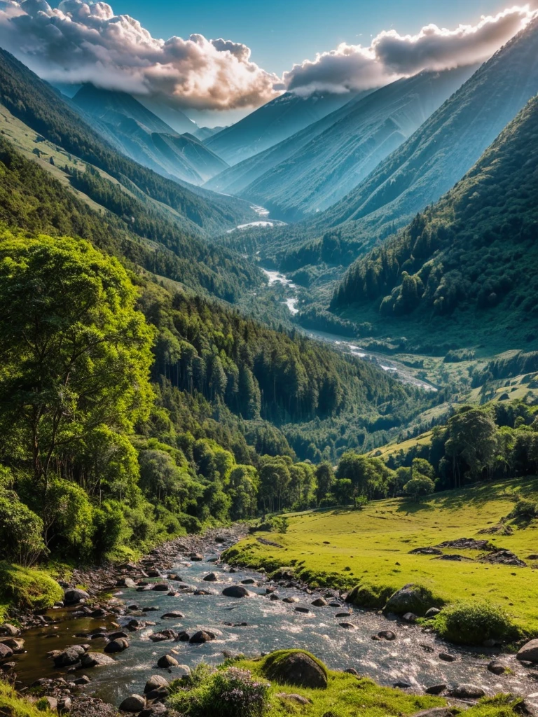 1 beautiful detailed mountain landscape in indonesia, lush green forest, flowing river, snow-capped peaks, golden hour lighting, dramatic clouds, (best quality,4k,8k,highres,masterpiece:1.2),ultra-detailed,(realistic,photorealistic,photo-realistic:1.37),vibrant colors, cinematic composition, intricate foliage, picturesque scenery, stunning vista, awe-inspiring scale, ethereal atmosphere, idyllic setting