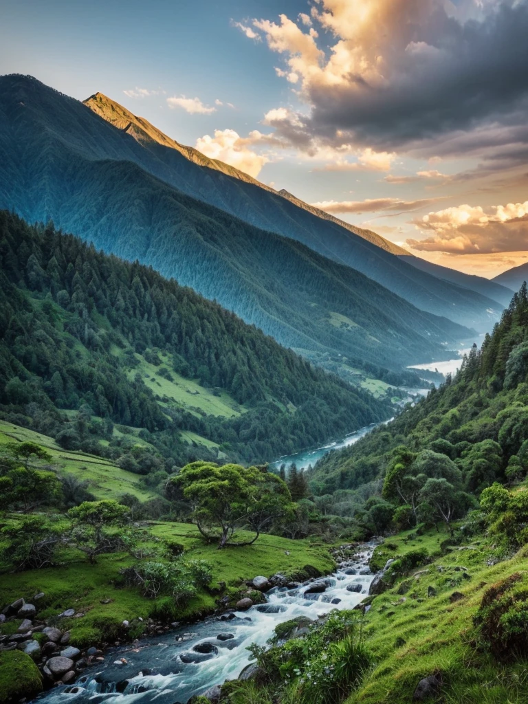 1 beautiful detailed mountain landscape in indonesia, lush green forest, flowing river, snow-capped peaks, golden hour lighting, dramatic clouds, (best quality,4k,8k,highres,masterpiece:1.2),ultra-detailed,(realistic,photorealistic,photo-realistic:1.37),vibrant colors, cinematic composition, intricate foliage, picturesque scenery, stunning vista, awe-inspiring scale, ethereal atmosphere, idyllic setting