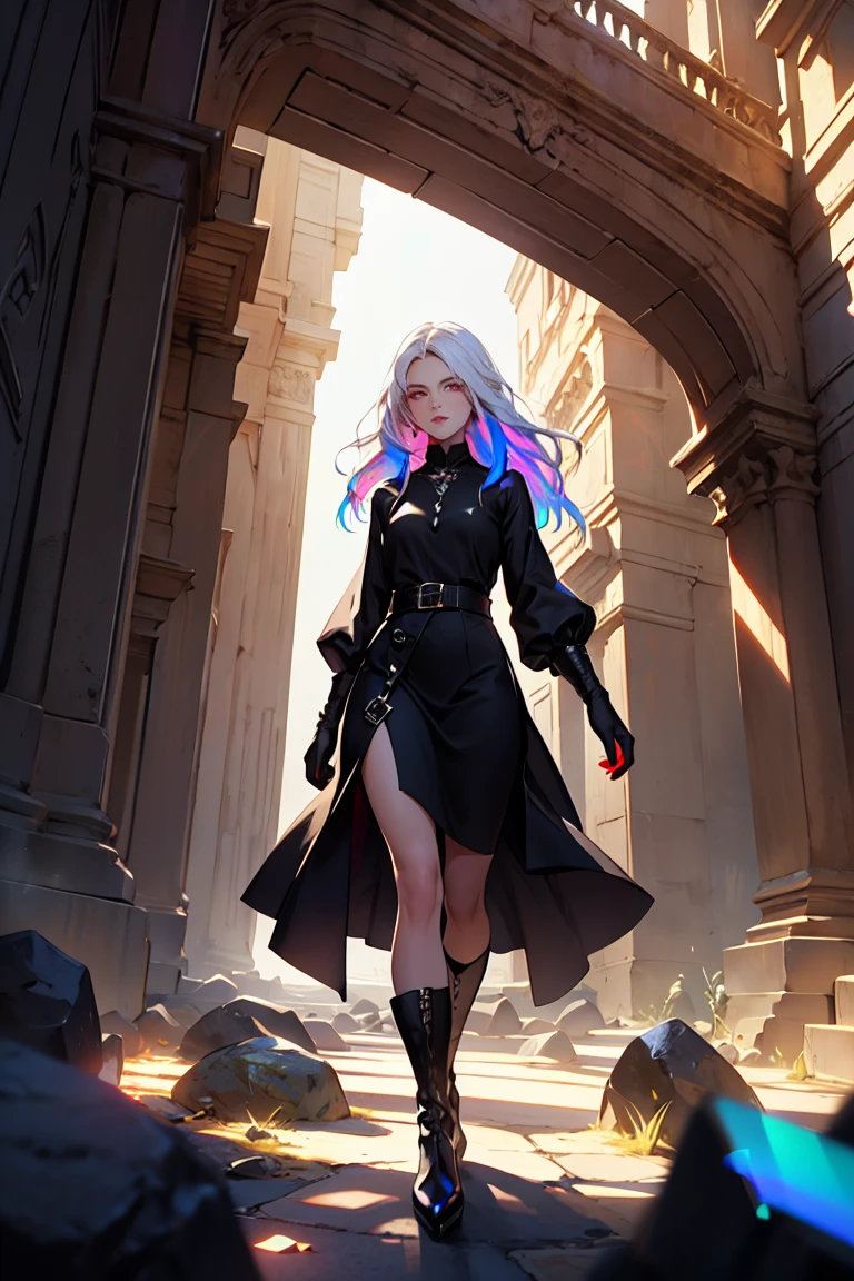 Girl with long white hair down to her waist, with small red details, red eyes, long black dress with a leg slit, with red details, long black boots up to below the knees, white skin, the ground around her is cracking and small stones are floating around her surrounded by a black aura, she is surrounded by shadows, and the background is dark like the night with the universe and stars, her presence causes fear, her shadow appears to be a monster, 8k, high quality, full body, (ultra-realistic), {extremely detailed 8k CG unit wallpaper}, expansive landscape photograph, (light: 2.0), (warm light source: 1.5), complex details, (iridescent colors: 1.5), (bright lighting), (atmospheric lighting), surreal, impressive, fantasy, (Solo: 1.2) 