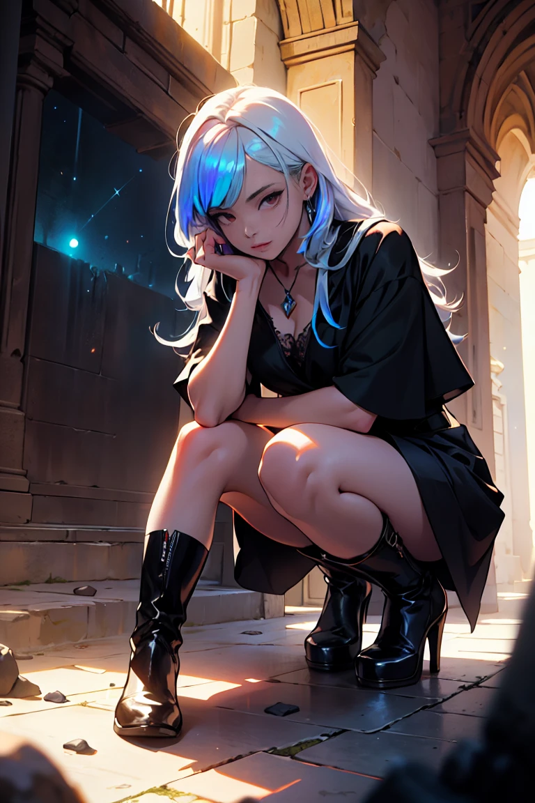 Girl with long white hair down to her waist, with small red details, red eyes, long black dress with a leg slit, with red details, long black boots up to below the knees, white skin, the ground around her is cracking and small stones are floating around her surrounded by a black aura, she is surrounded by shadows, and the background is dark like the night with the universe and stars, her presence causes fear, her shadow appears to be a monster, 8k, high quality, full body, (ultra-realistic), {extremely detailed 8k CG unit wallpaper}, expansive landscape photograph, (light: 2.0), (warm light source: 1.5), complex details, (iridescent colors: 1.5), (bright lighting), (atmospheric lighting), surreal, impressive, fantasy, (Solo: 1.2)