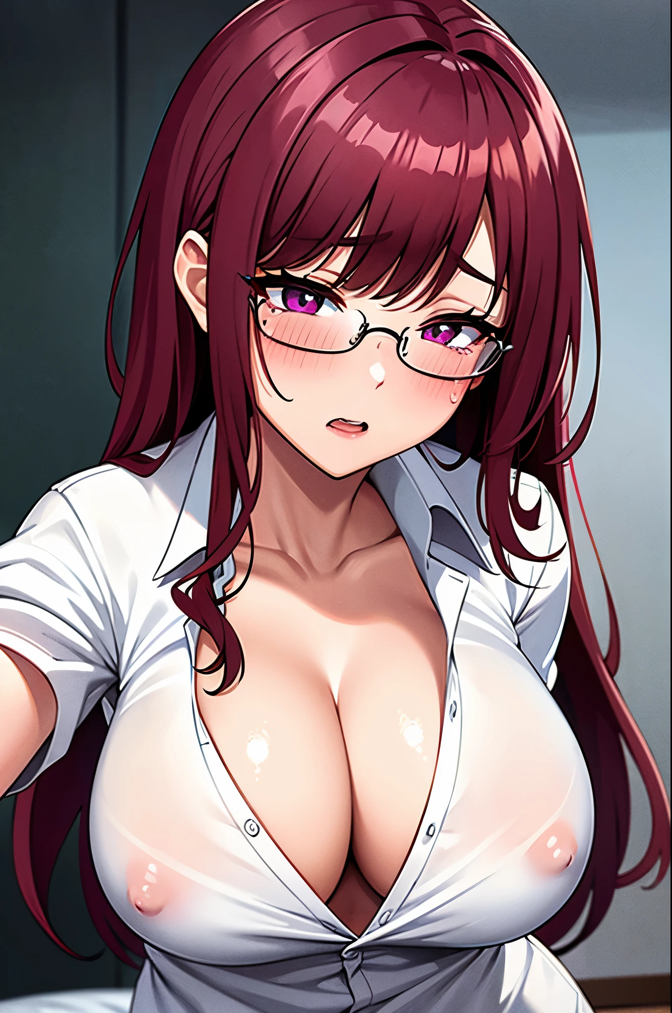 Naked shirt,White Shirt,Large upturned collar,wife,Glasses,Cleavage,blush,Sweaty body,Ahegao,Spread your legs wide on the bed,orgsum,The penis is inserted,tears,Drooling,Late Night,