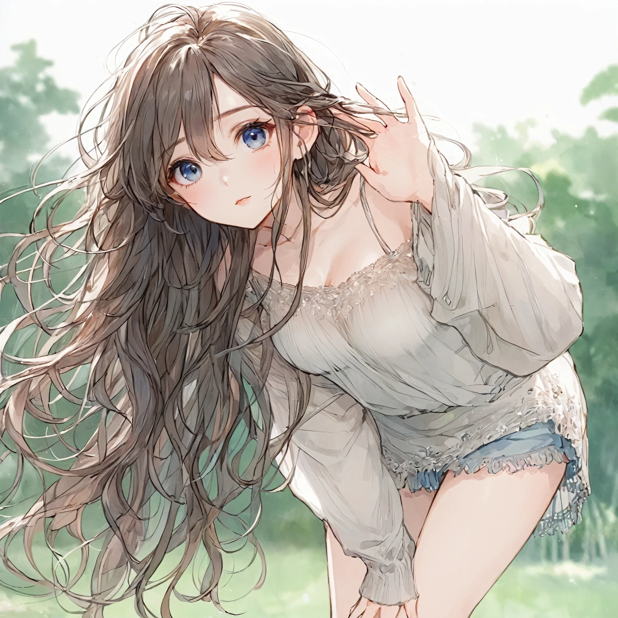 Official art using high-quality hand-drawn watercolor sketch techniques. (best quality,4k,8k,highres,masterpiece:1.2),ultra-detailed,beautiful detailed eyes,A girl with beautiful eyes, everyone, beautiful anime girl, cute anime girl, smooth anime art, anime style, elegant colors, soft lighting, delicate beautiful eyes, very coquettish, (beautiful large breast:1.2), (correct hands:1.2),