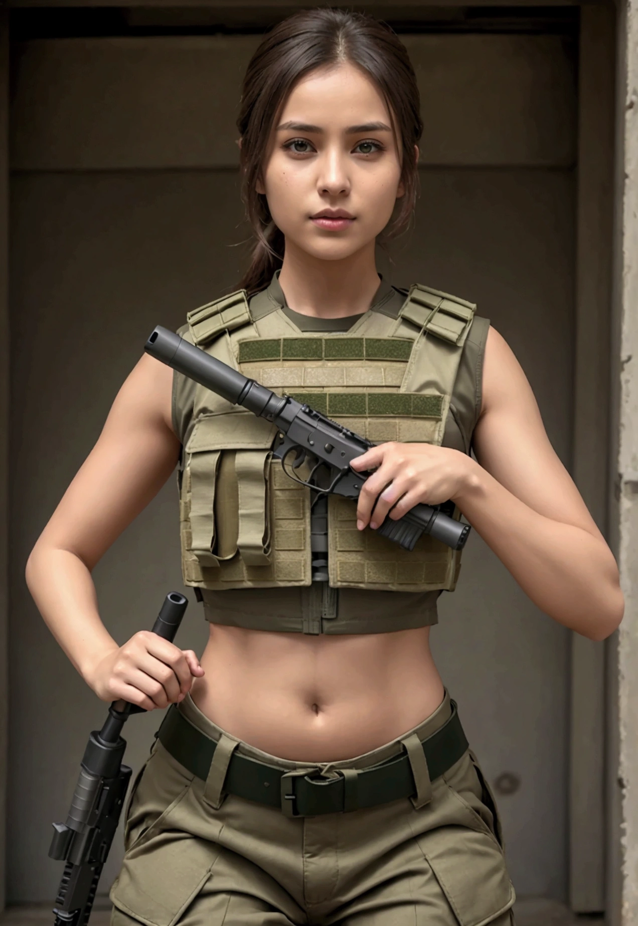 Women in crop top military bulletproof vest , military green cargo pants, belt, military helmet, tactical, (open navel), ((holding pistol))