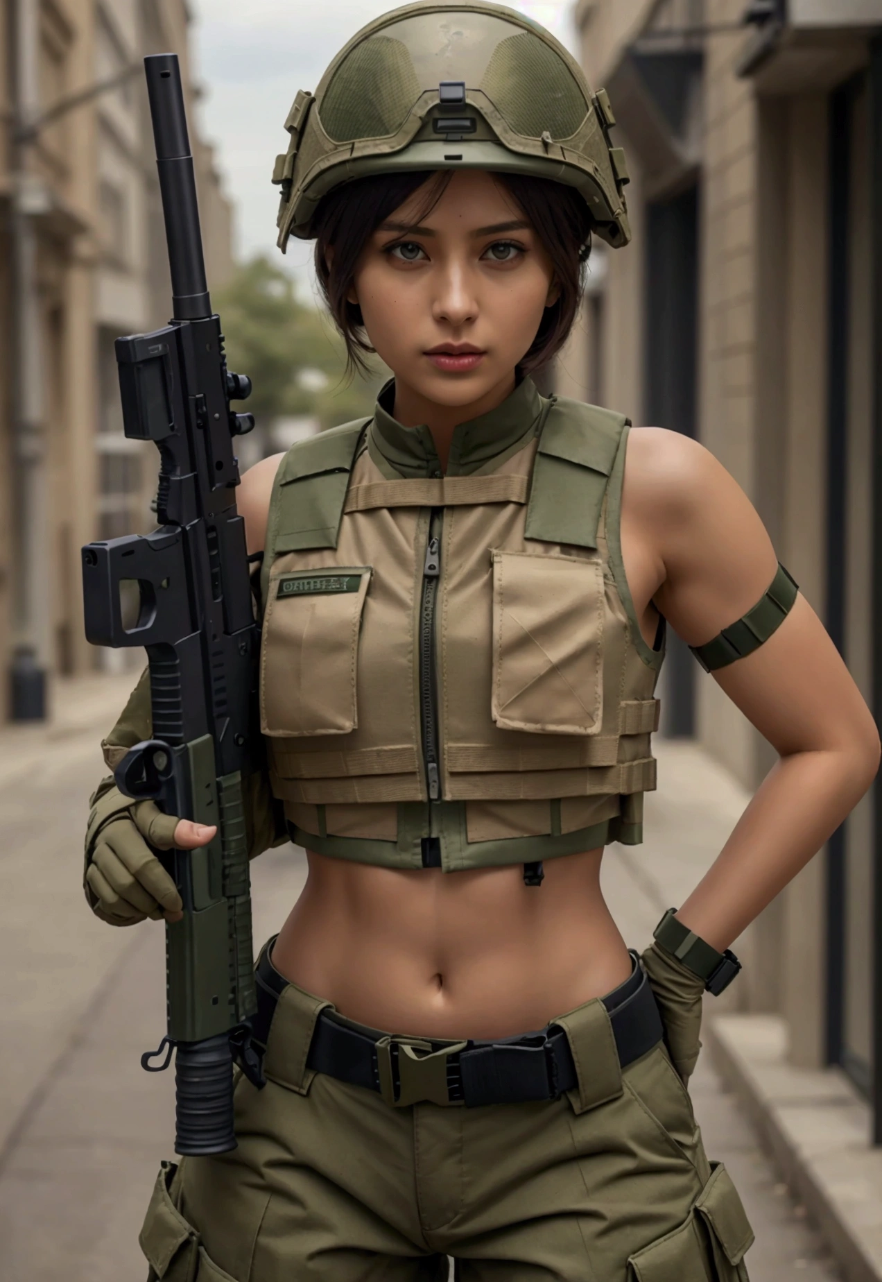 Women in crop top military bulletproof vest , military green cargo pants, belt, military helmet, tactical, (open navel), ((holding pistol))