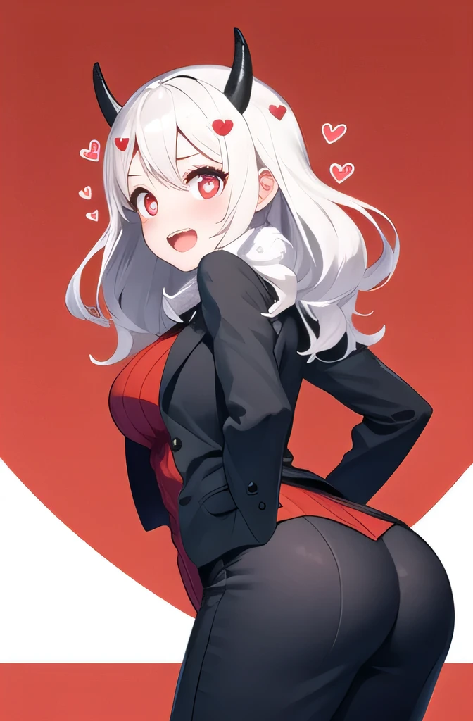 hands on ass, ass grab, boy from behind, boy POV, looking at the viewer, masterpiece, best quality, modeus(helltaker), drooling, formal, black horns, large breasts, open mouth, simple background, red eyes, long sleeves, symbol-shaped pupils, sweater, white hair, black suit, ribbed sweater, blush, turtleneck, 1girl, 1girl, heart, jacket, demon horns, horns, heart-shaped pupils, red sweater, red background, looking at viewer, own hands together, suit, demon girl