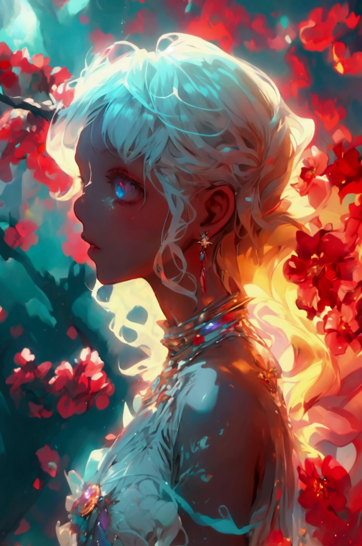 (Masterwork), (Best Quality), (4k), (Incredibly detailed CG illustration masterpiece), best quality, ultra-detailed, high resolution, extremely detailed cg, anime picture, unity 8k wallpaper, pov, (thick thighs), Curvy, White Hair, Red Eyes, 1 girl, Pale Skin, Two-Tone Hair, Eyelashes, Smile, Gleaming Skin, Shiny Hair, Long Hair, Night Sky, Nebula, Galaxy, looking at you, anime, beautiful anime eyes, beautiful detailed eyes, eyes, glittering eyes, perfect body, perfect lips, perfect nose, perfect eyes, (Neon), (Neon Lights), (Bright Colors), Angelic, Halo, Detailed Dress, Bridal Wear, Flowers, Headpiece, Fantasy, Gems. Magic, Power, Glow