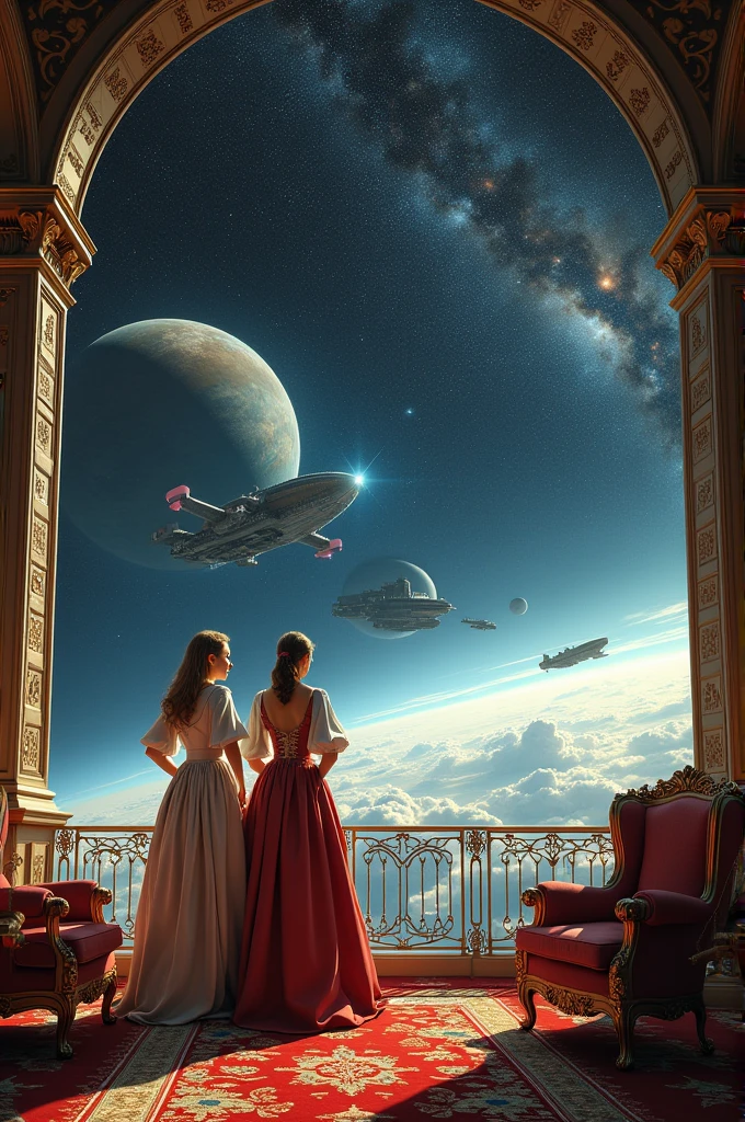 {
  "prompt": "An opulent space vessel with elegantly dressed figures in historical attire gazing out at the vastness of space. The figures stand by large windows, observing the distant stars, planets, and spaceships. The interior of the vessel is richly decorated, combining elements of classical elegance with advanced technology. The scene conveys a sense of exploration and wonder, blending the grandeur of a royal court with the vastness of the cosmos.",
  "size": "1024x1024"
}
