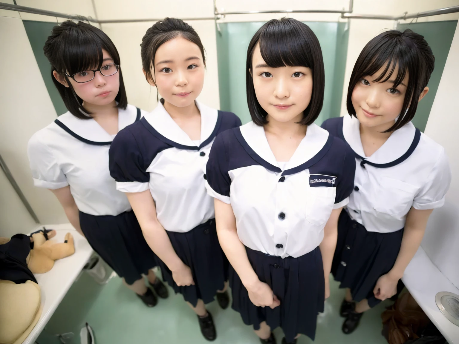 masterpiece, Highest quality, figure, Very detailed, The finer details, High resolution, 8k,wallpaper, Perfect dynamic composition,(Detailed high quality, Realistic depiction of eyes:1.3),(A tight-fitting waitress uniform with buttons on the collar and chest), Seraphim, Short Bob Hair, The background is an empty changing room, Deep in the field, Black hair color, Big Natural Color Lip, (Perfect figure), (smile)、Harajuku Style, Adorable expression、Expressions of happiness、Amazingly cute、Cute type、Beautiful feet, Idol Sculpture、(Changing clothes in the changing room:1.5)、(In the process of taking off clothes:1.5)