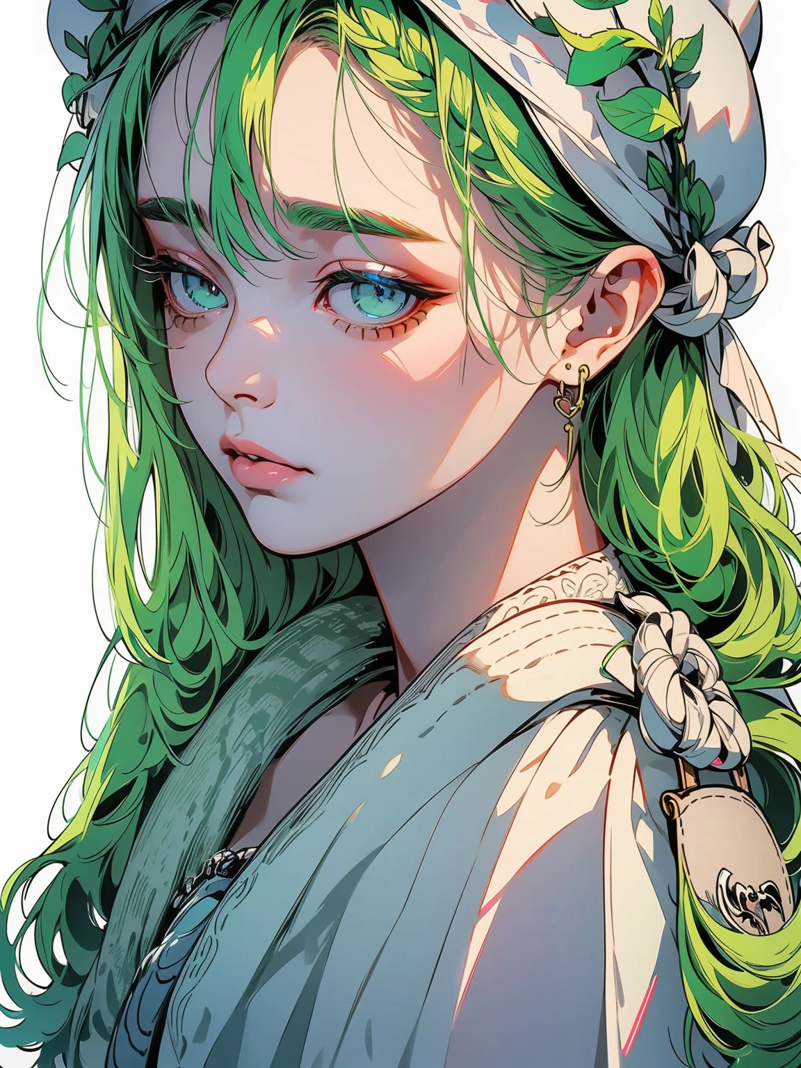 1girl, beautiful detailed eyes, beautiful detailed lips, extremely detailed eyes and face, longeyelashes, mint green hair, twin_braid, white beret, white shirt, flower necktie, (bags under eyes:1.5), (best quality,4k,8k,highres,masterpiece:1.2),ultra-detailed,(realistic,photorealistic,photo-realistic:1.37),studio lighting,vivid colors,portrait