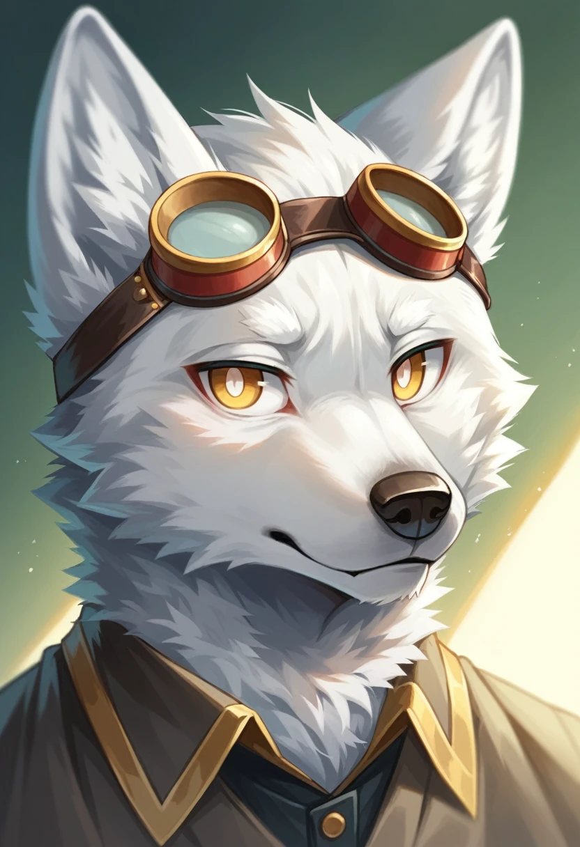 (Best image quality),(masterpiece),(((only))),(Very detailed),(Male Arctic fox:1.5), (White skin:1.3), hairy,(White fur:1.3),((Golden pupils)) ,(Gray ears),(hairy 动物 耳朵s),Wear goggles,Natural Lighting,Complex background,Delicate face,Facial details,character focus,Detailed clothes,Upper Body,Depth of Field,Perfect lighting