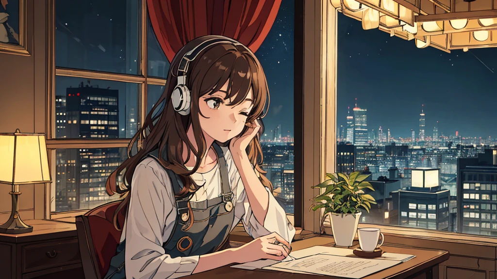 A young woman is sitting comfortably in a modern, cozy room with a cityscape visible through a large window at night. The main object of focus is the woman, who appears to be in her late teens or early twenties. She has long, wavy brown hair and is wearing a pair of large over-ear headphones. Her eyes are closed, and she has a serene, relaxed expression on her face as she listens to music. The woman is seated in a plush armchair, which is positioned to the right of a wooden desk. On the desk, there is a modern desktop computer, a ceramic coffee mug, and a small potted plant. A desk lamp with a warm, yellow glow is placed on the left side of the desk, casting a soft light over the scene. The light from the lamp is the primary light source, illuminating the woman and creating gentle shadows around her. In the background, the large window offers a stunning view of the city at night, with numerous skyscrapers and their illuminated windows creating a vibrant, urban atmosphere. The room itself is painted in neutral tones, with the walls adorned with minimalistic decor. The overall color scheme of the image features warm tones from the lamp and the cooler tones of the night cityscape, creating a balanced and visually appealing contrast. The perspective of the image is from a slight angle, allowing for a clear view of the woman, the desk, and the background cityscape. The size of the image is rectangular, with a wide aspect ratio that captures the breadth of the scene. The theme of the image is calm and relaxation, with an emphasis on the soothing environment and the woman's peaceful state.