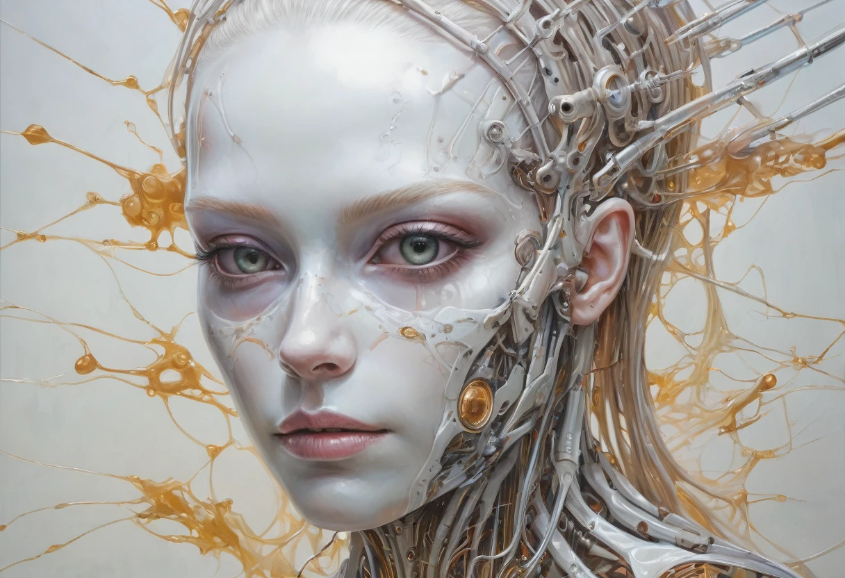 (painting a canvas:1.4), (A focus on hauntingly beautiful bioengineered organisms:1.2), organic cyborg, albino, translucent, Outdoor, reflection, Gloss, unfocused background, (High resolution:1.9), (A masterpiece with attention to detail), Sacher