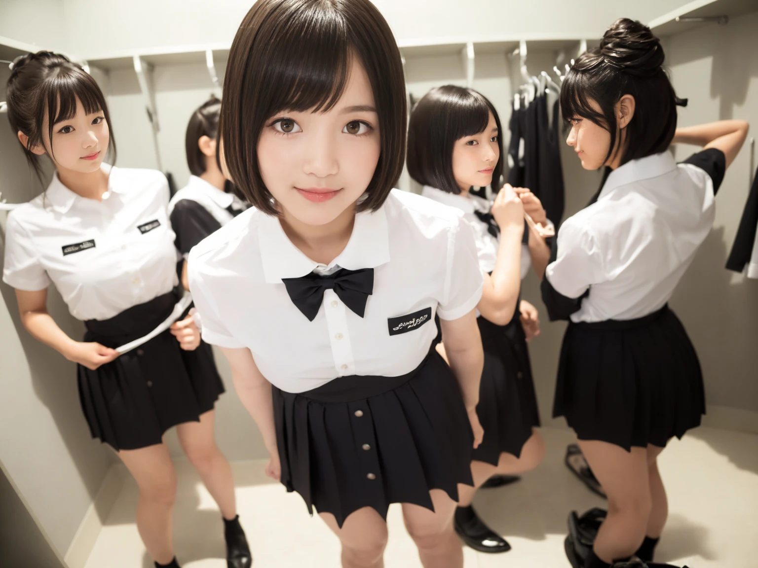 masterpiece, Highest quality, figure, Very detailed, The finer details, High resolution, 8k,wallpaper, Perfect dynamic composition,(Detailed high quality, Realistic depiction of eyes:1.3),(A tight-fitting waitress uniform with buttons on the collar and chest), Seraphim, Short Bob Hair, The background is an empty changing room, Deep in the field, Black hair color, Big Natural Color Lip, (Perfect figure), (smile)、Harajuku Style, Adorable expression、Expressions of happiness、Amazingly cute、Cute type、Beautiful feet, Idol Sculpture、(Changing clothes in the changing room:1.5)、(In the process of taking off clothes:1.5)