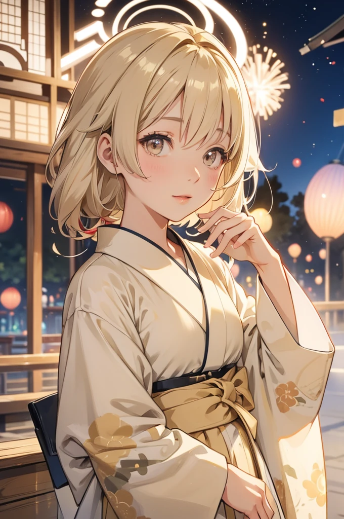 Takanashi hoshino kimono firework night (beige colored hair), tailed haired,