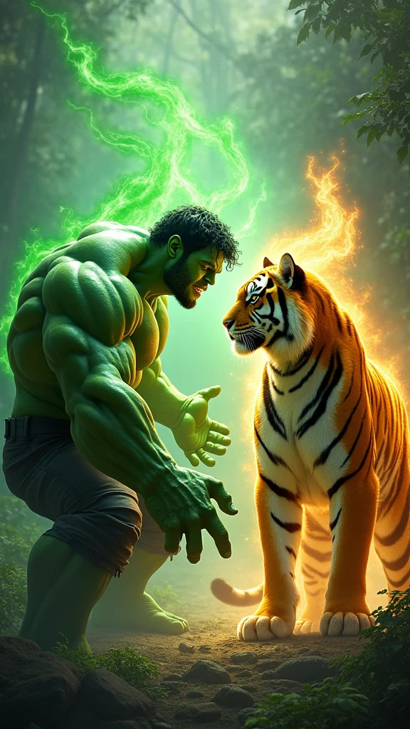 A towering Hulk stands face-to-face with a fierce, majestic tiger. Both figures exude raw power as they prepare for a fusion, surrounded by swirling, mystical energies in a dense jungle setting. The anticipation of their merging is palpable, with green and orange auras starting to intertwine