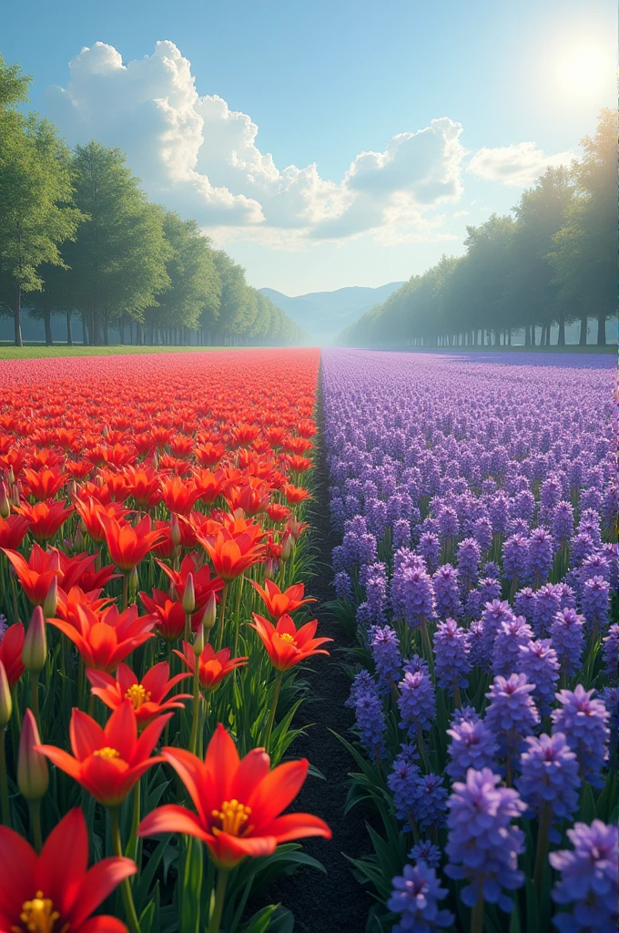 On the right side there is a purple and white flower field..,On the left is a red spider lily field..,